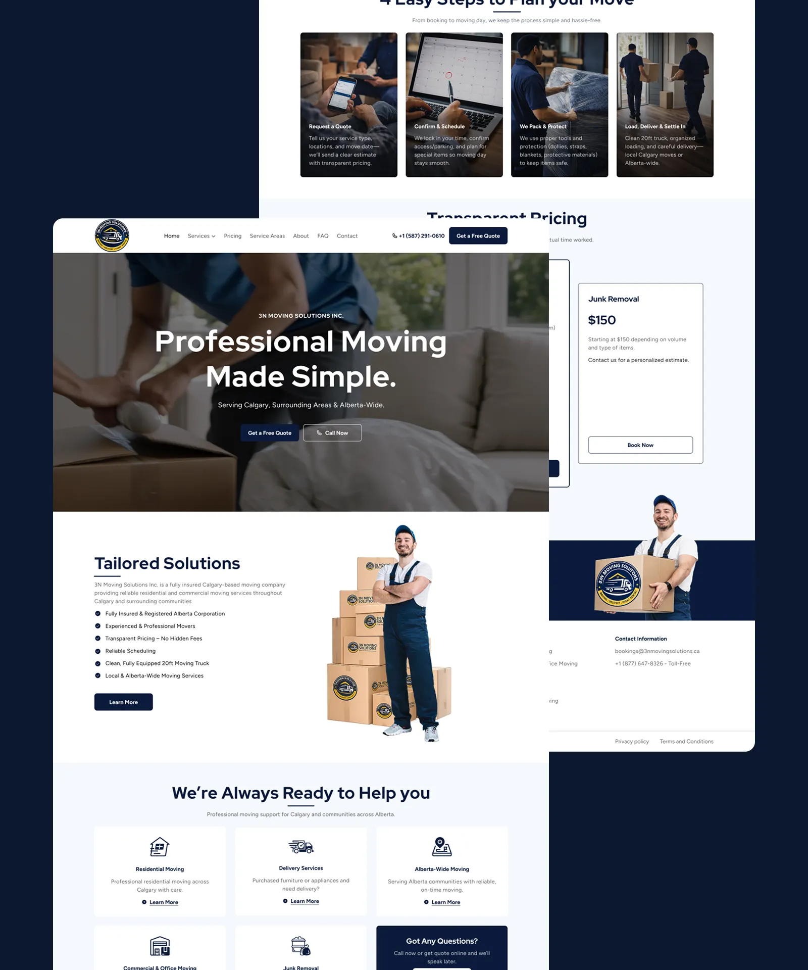 3N Moving Solutions website design showing moving services, process, pricing, and contact sections