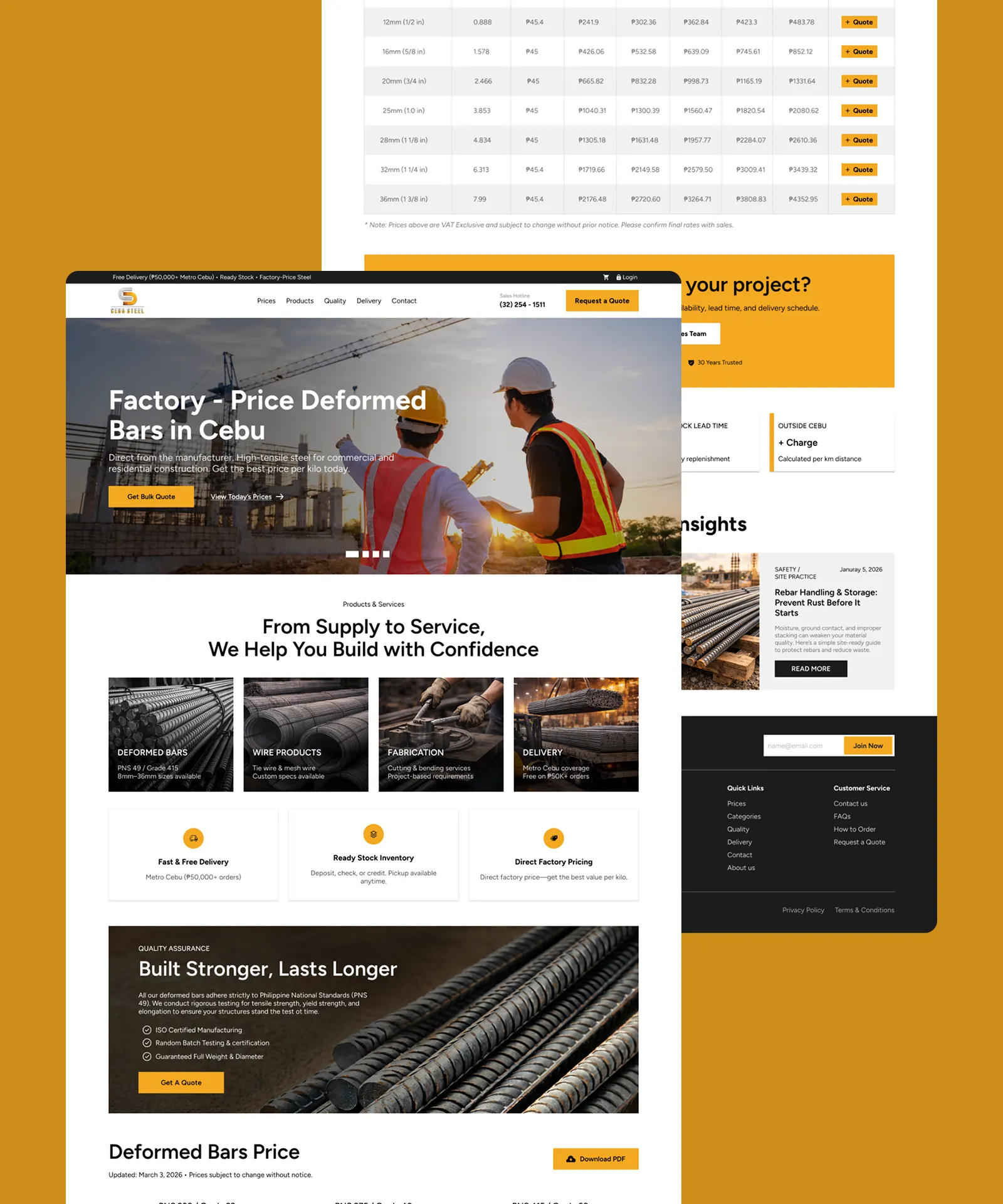 Cebu Steel industrial homepage design with product, pricing, delivery, and quotation sections