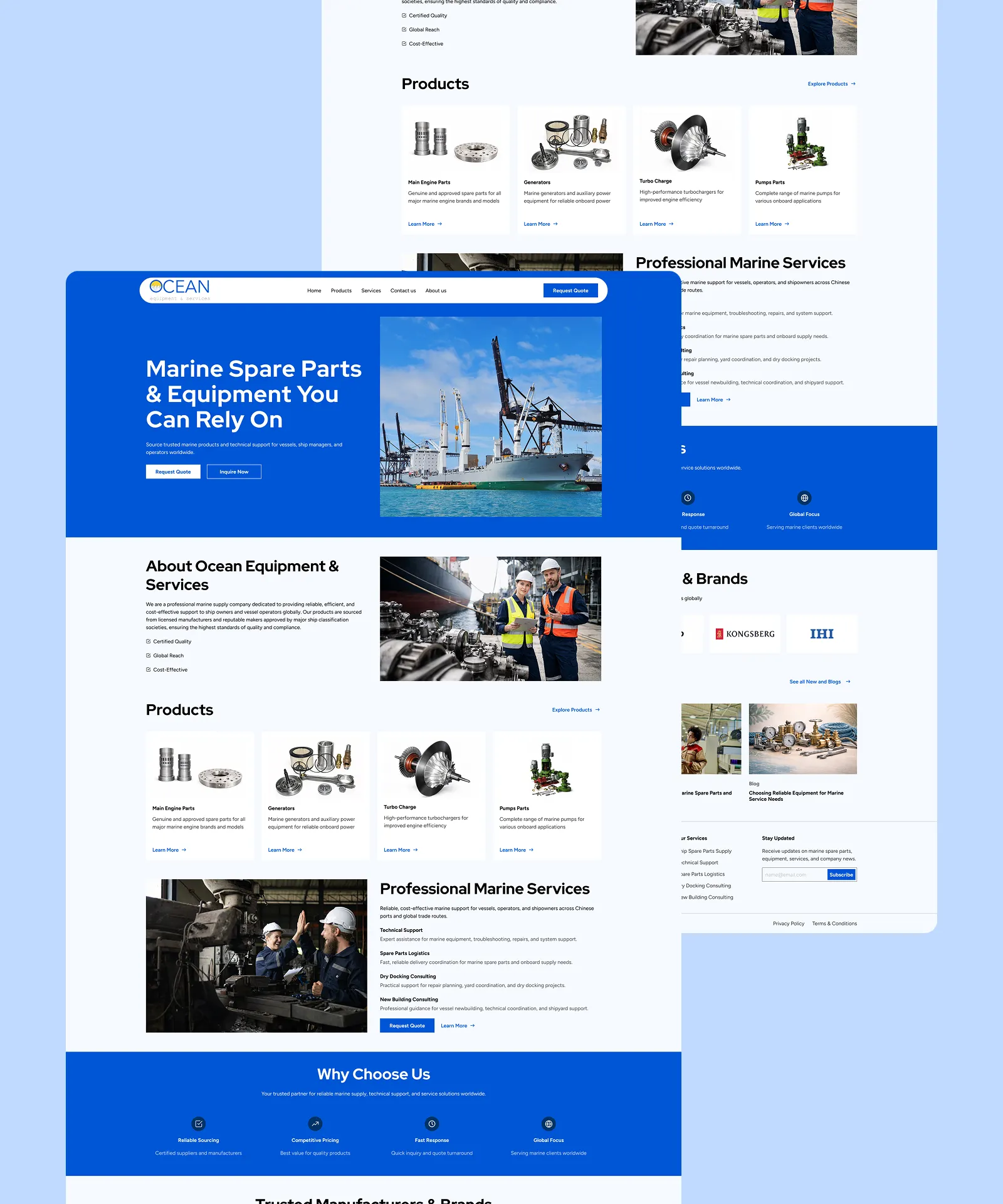 Ocean Equipment and Services marine website with equipment, products, services, and quotation sections