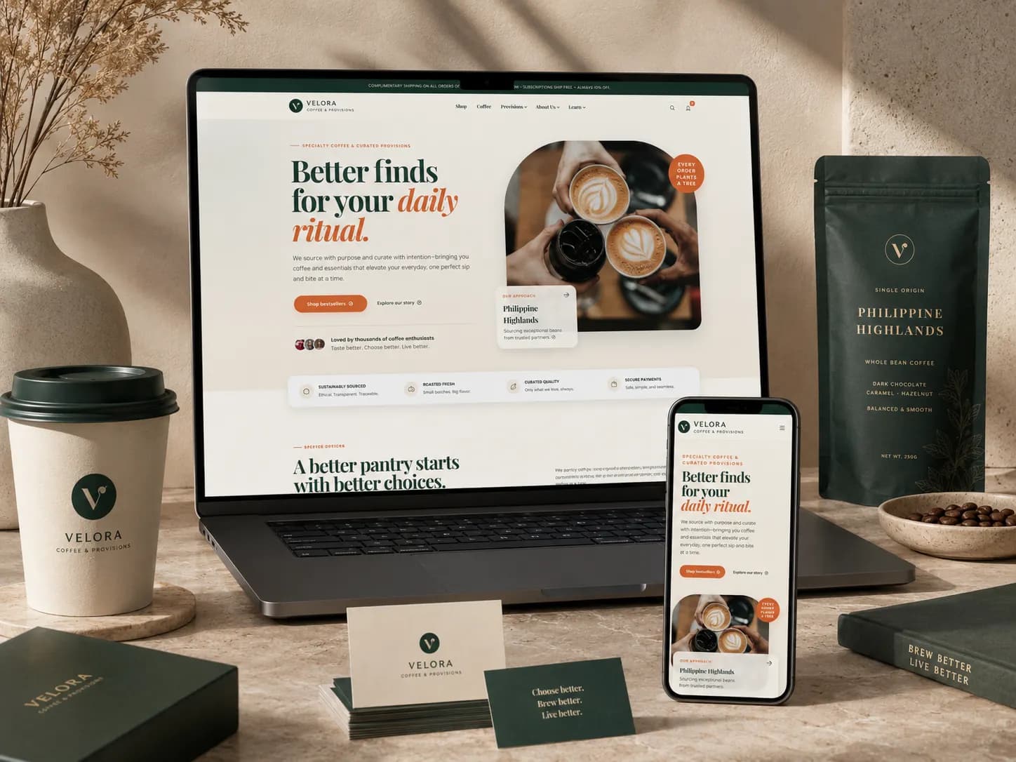 Velora Coffee and Provisions responsive e-commerce homepage shown on laptop and mobile devices